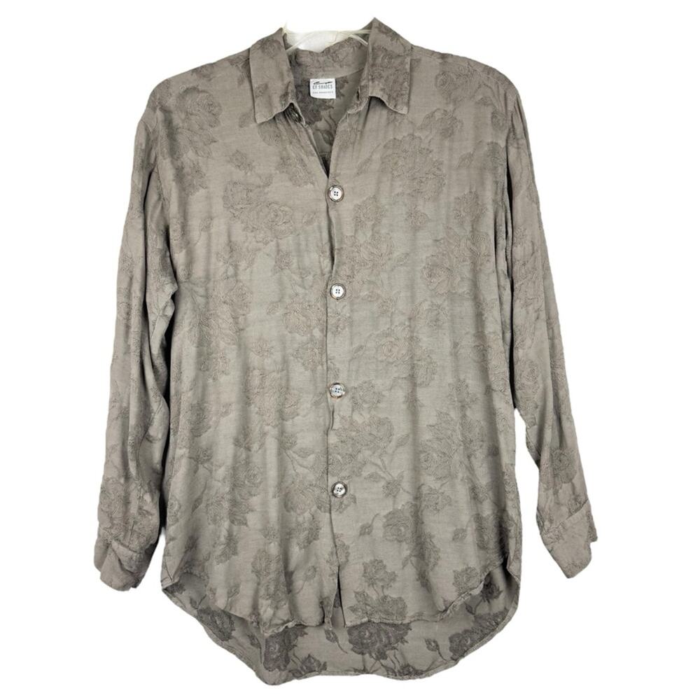 Vintage CP Shades Brocade Jaquard Floral Top Button Down Tan S Lagenlook Granny